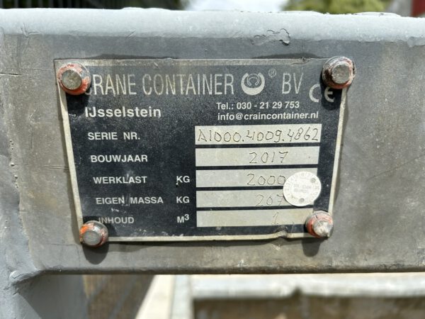 Kraancontainer/kraan container/cranecontainer 1000L 2000KG - Afbeelding 9